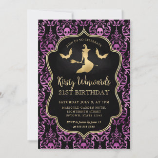 Goldene Hexe und Schädel Damask 21. Geburtstag Einladung