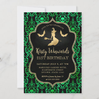 Goldene Hexe und Schädel Damask 21. Geburtstag Einladung