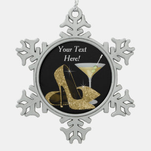 Goldene High Heels Schuhe und Martini Schneeflocken Zinn-Ornament