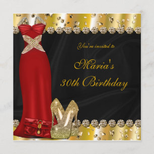 Goldene High Heels und rotes Kleid Einladung zur A