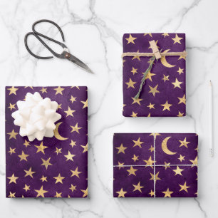 Goldene himmlische Mond und Sterne Dunkelviolett Geschenkpapier Set