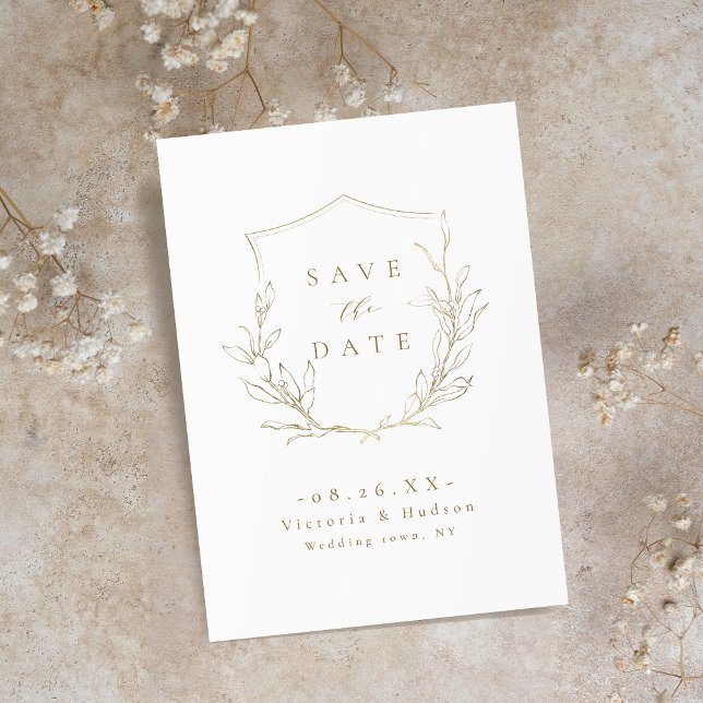 Goldene Hochzeit des botanischen Wappen Save The Date (Gold simple elegance botanical crest wedding save the date)