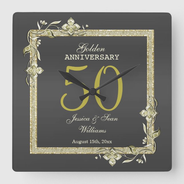 Goldene Hochzeit & Glitzer 50. Goldene Hochzeit Quadratische Wanduhr (Vorderseite)