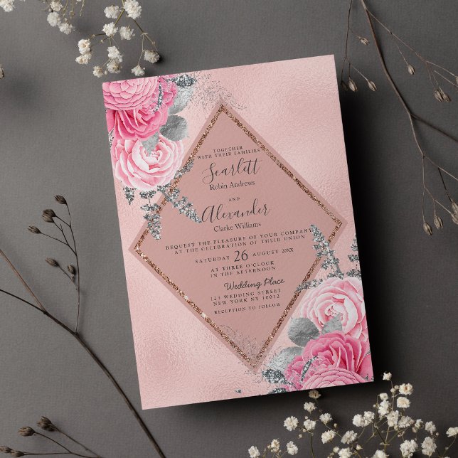 Goldene Hochzeit in Rosa Rose Einladung (Geometric pink silver rose gold floral wedding )