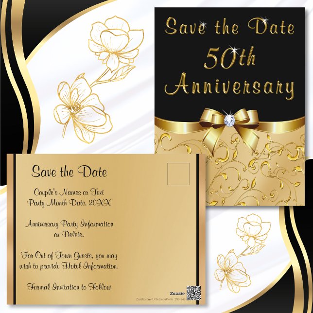 Goldene Hochzeit Jahrestag Speichern Sie die Datum Postkarte (Cheap, 50th anniversary Save the Date Post Cards. Black and  Gold Save the Date Post Cards. 50 year.)