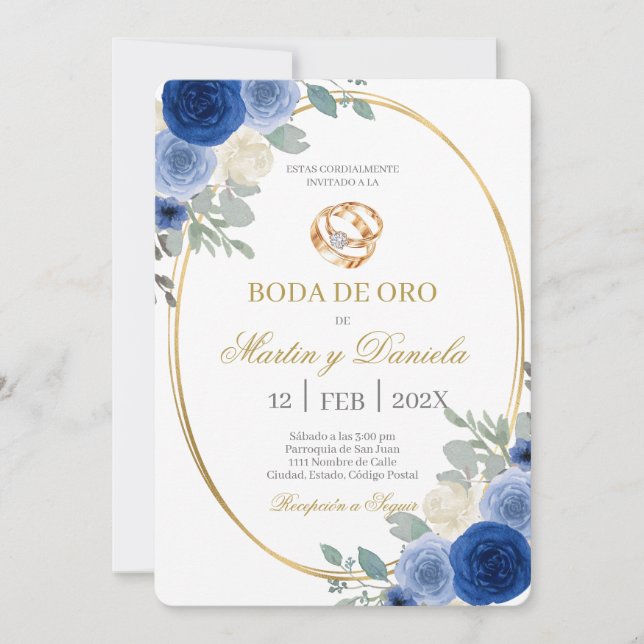 Goldene Hochzeit mit blauer Blume Einladung (Vorderseite)