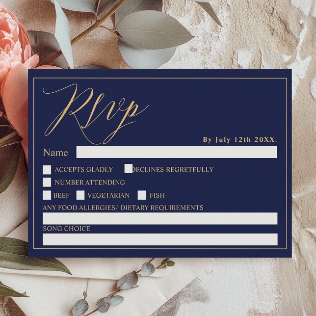 Goldene Hochzeit mit schicken uAwg Einladung (Gold navy blue elegant script chic rsvp wedding invitation)