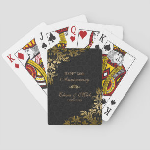 Goldene Hochzeit - Schwarzer Damast Goldene Schwün Spielkarten
