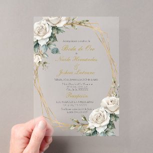Goldene Hochzeit weiße Rosen Acryl-Einladung Acryleinladungen