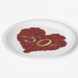 Goldene Hochzeiten zum 50. Geburtstag - Rote Rosen Pappteller