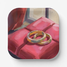 Goldene Hochzeitsringe Aquarellmalerei Rot Pappteller