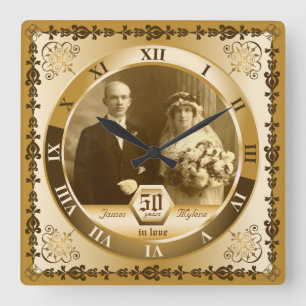 Goldene Hochzeitstag-Ornamente mit individuellem F Quadratische Wanduhr