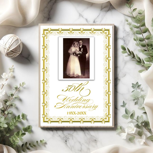 Goldene Hochzeitstagsfeier Einladung (Beautiful 50th wedding anniversary invite with photo and event details on the back.)