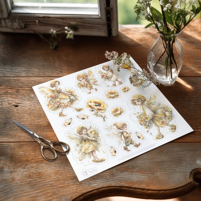 Goldene Honig Fee Welt – Blumen tragender Sticker (The Honey Fairy sheet of stickers on a table ready to be used)