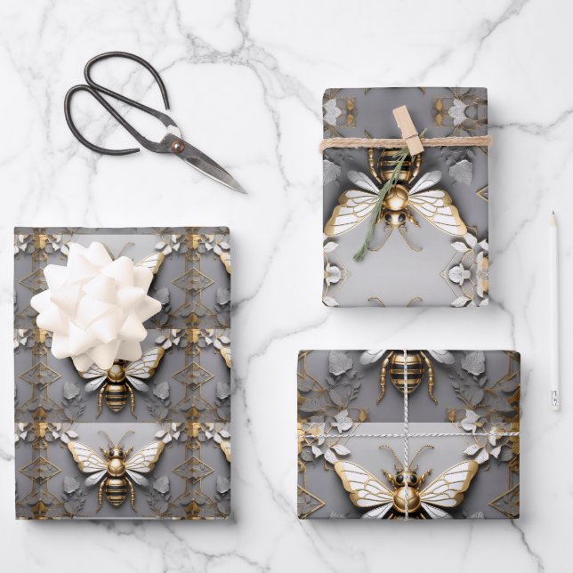 Goldene Honigbiene auf dunkler Leinwand Geschenkpapier Set (Vorderseite)