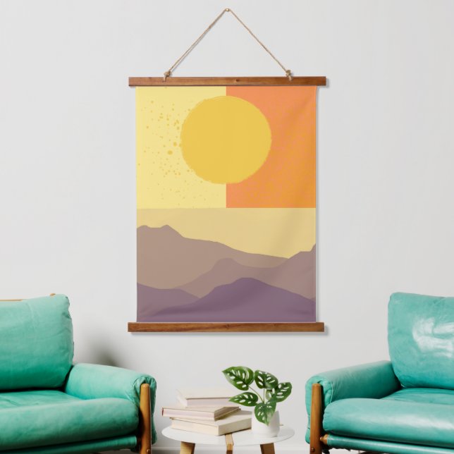 Goldene Horizonte: Ein Minimalistischer Sonnenunte Wandteppich Mit Holzrahmen (Wohnzimmer)