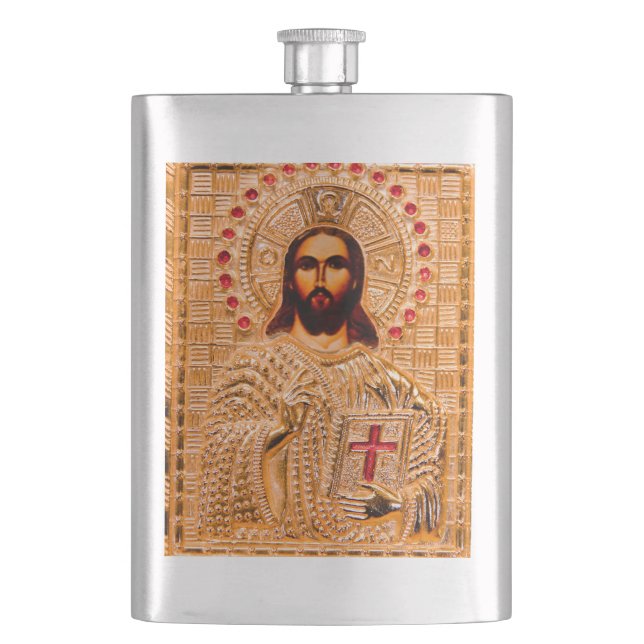 Goldene Ikone des Jesus Christus Flachmann (Vorderseite)