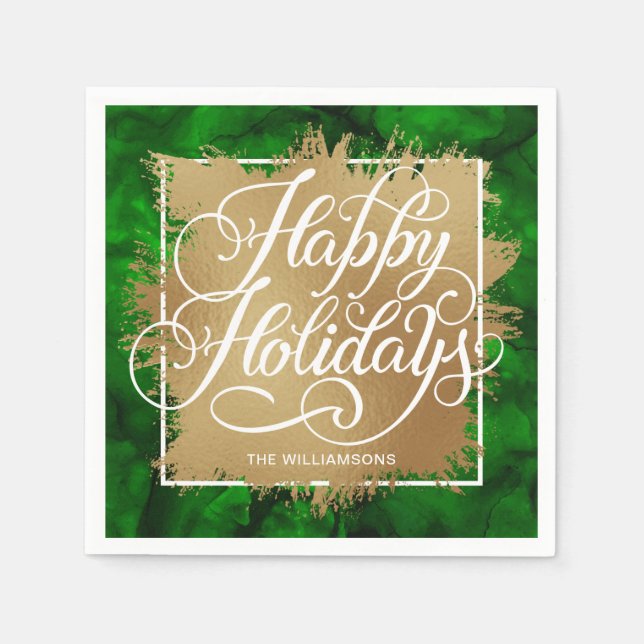 Goldene Imitate Foil Happy Holidays on Green Water Serviette (Vorderseite)
