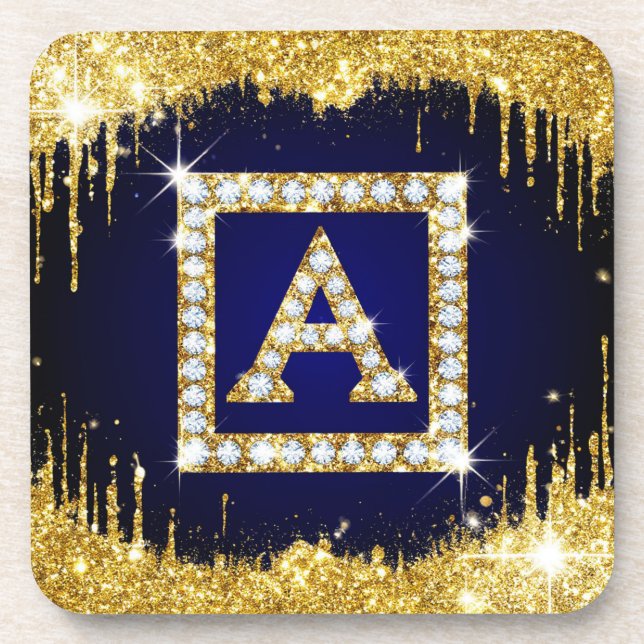Goldene Initiale A mit blauem Glitter-Monogramm Getränkeuntersetzer (Vorderseite)