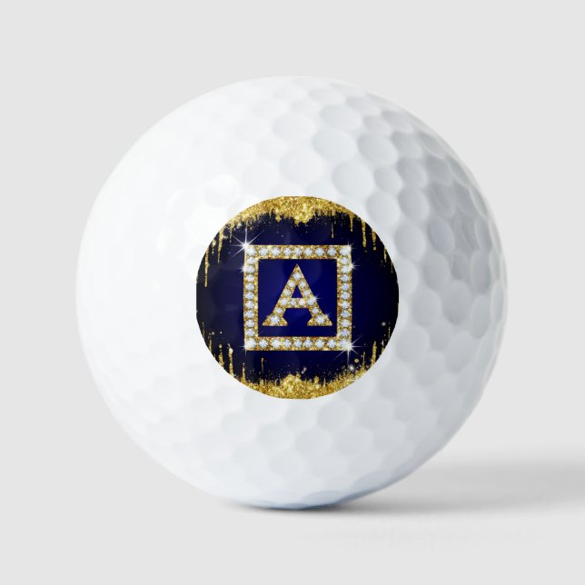 Goldene Initiale A mit blauem Glitter-Monogramm Golfball (Vorderseite)