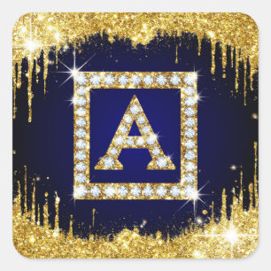 Goldene Initiale A Mit Blauem Glitter Quadratischer Aufkleber