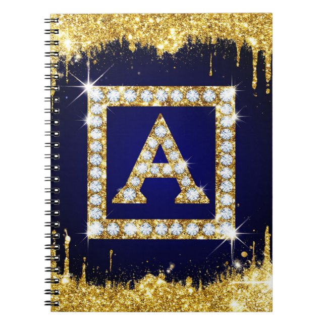 Goldene Initiale A mit blauem Glitterdruck Notizblock (Vorderseite)