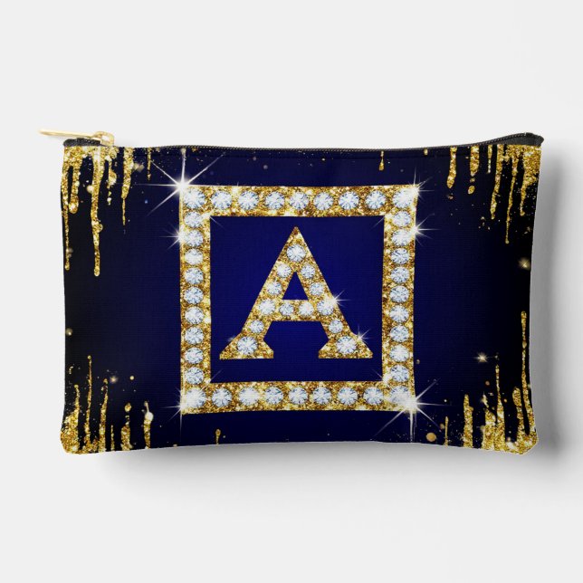 Goldene Initiale A mit blauem Glitterdruck Zubehörtasche (Vorderseite)