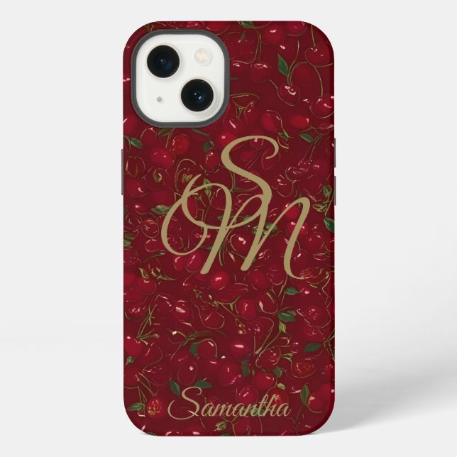Goldene Initialen auf roter Frucht: Kirschmonogram iPhone Hülle (Rückseite)
