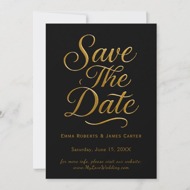 Goldene Kalligrafie Schwarze Save-the-Date-Karte Save The Date (Vorderseite)
