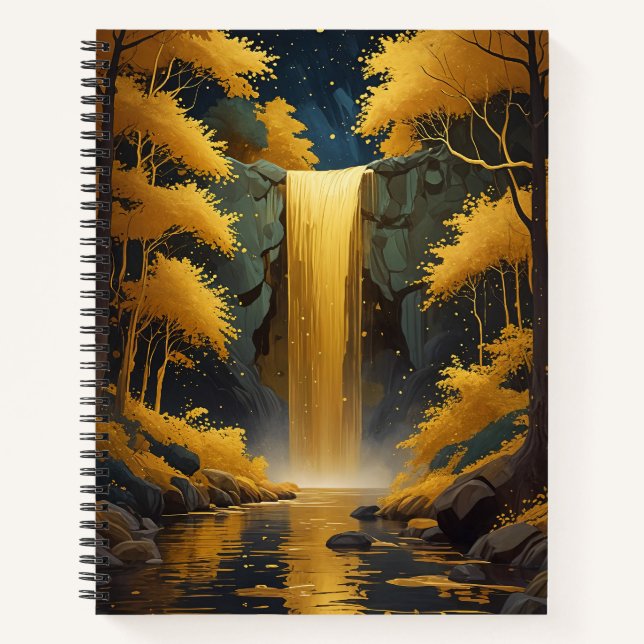 Goldene Kaskade im schimmernden Wald Notizbuch (Vorderseite)