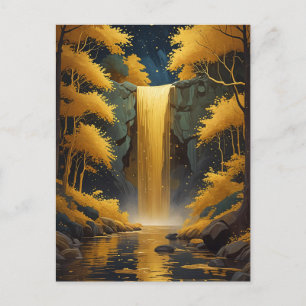 Goldene Kaskade im schimmernden Wald Postkarte