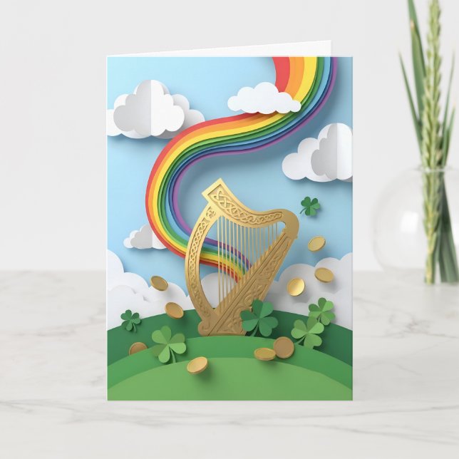 Goldene keltische Harfe Regenbogen-Papercraft St.  Karte (Vorderseite)