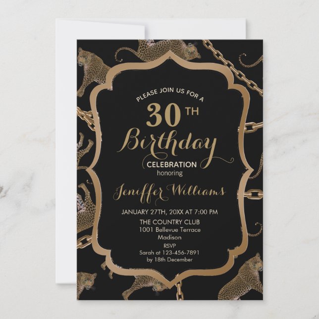 Goldene Ketten-Leopard-Glamour Einladung (Vorderseite)
