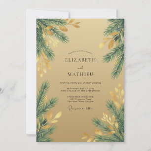 Goldene Kiefernwald-Eukalyptus-Hochzeit Einladung