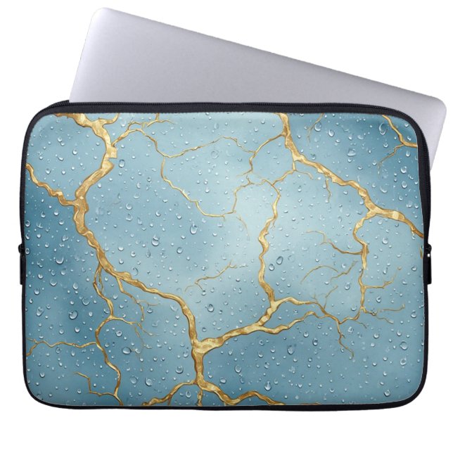 Goldene Kintsugi-Risse auf blauen Wassertropfen Laptopschutzhülle (Vorderseite)