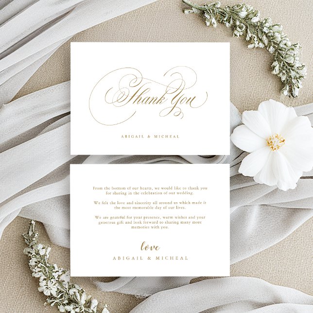 Goldene klassische Kalligrafie-Hochzeit Dankeskarte (Gold elegant classic calligraphy vintage wedding thank you card)