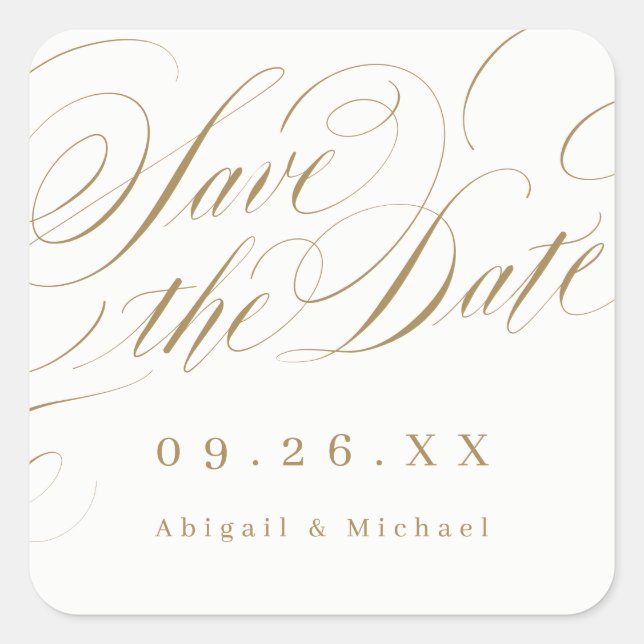 Goldene klassische Kalligraphie Save the Date Quadratischer Aufkleber (Vorderseite)