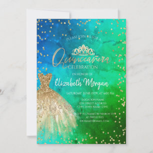 Goldene Kleid Tiara, Diamanten Grün Blau Quinceañe Einladung