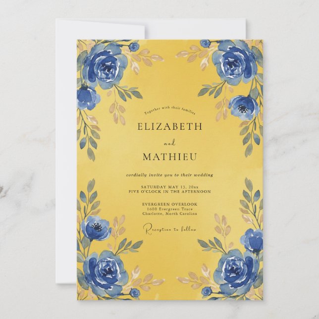 Goldene Kobaltblüten-Hochzeit Einladung (Vorderseite)