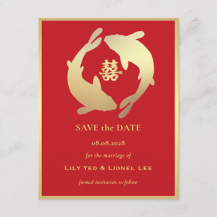 Goldene Koi und Double Happiness Save the Date Einladung