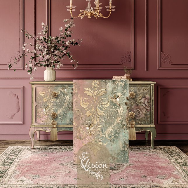 Goldene Kolibris Gilde Damask Patina Seidenpapier (Gold Hummingbirds, Gilded Damask Patina, Shabby Chic Weathered Background Decoupage Tissue Paper)