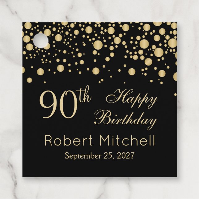 Goldene Konfetti am schwarzen 90. Geburtstag Geschenkanhänger (Vorderseite)