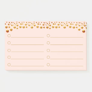 Goldene Konfetti auf korallenrosa Post-It-Notizen Post-it Klebezettel