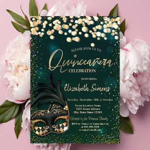 Goldene Konfetti-Maske Grüne Quinceañera Einladung