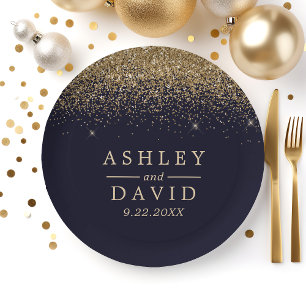 Goldene Konfetti-Navy-Blau Moderne Hochzeit Pappteller