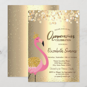 Goldene Konfetti-Punkte, Rosa Flamingo Quinceañera Einladung