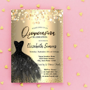 Goldene Konfetti-Punkte, schwarzes Kleid Quinceañe Einladung