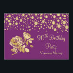 Goldene Konfetti, Rose am lila 90. Geburtstag Einladung<br><div class="desc">Goldene Konfetti und englische Rose auf hellen lila Hintergrund 90. Geburtstagsparty Einladung.</div>