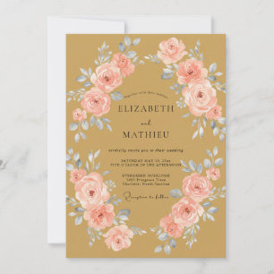 Goldene Korallen-Ranunculus-Eukalyptus-Hochzeit Einladung
