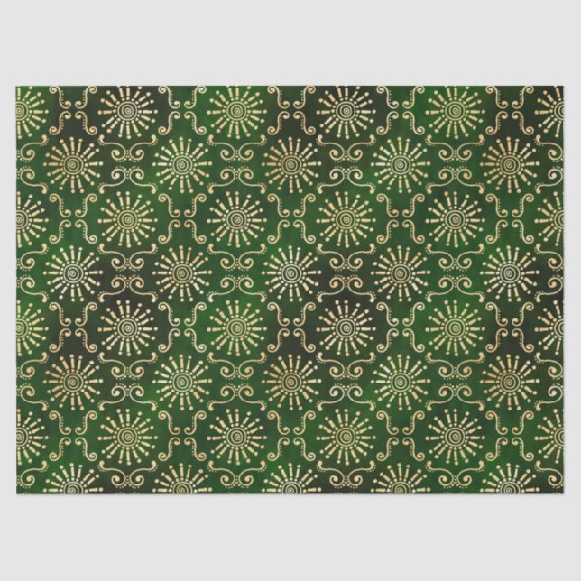 Goldene Kreise und Wirbel auf dunkelgrüner Decoupa Seidenpapier (Vorderseite)